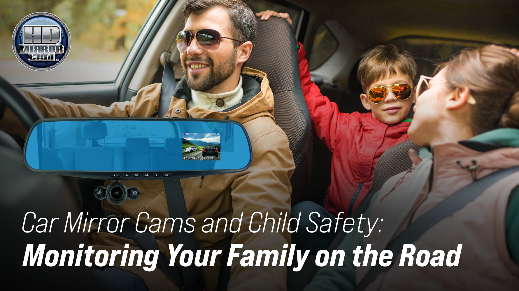 Car mirror cams and child safety. Family on a road trip.